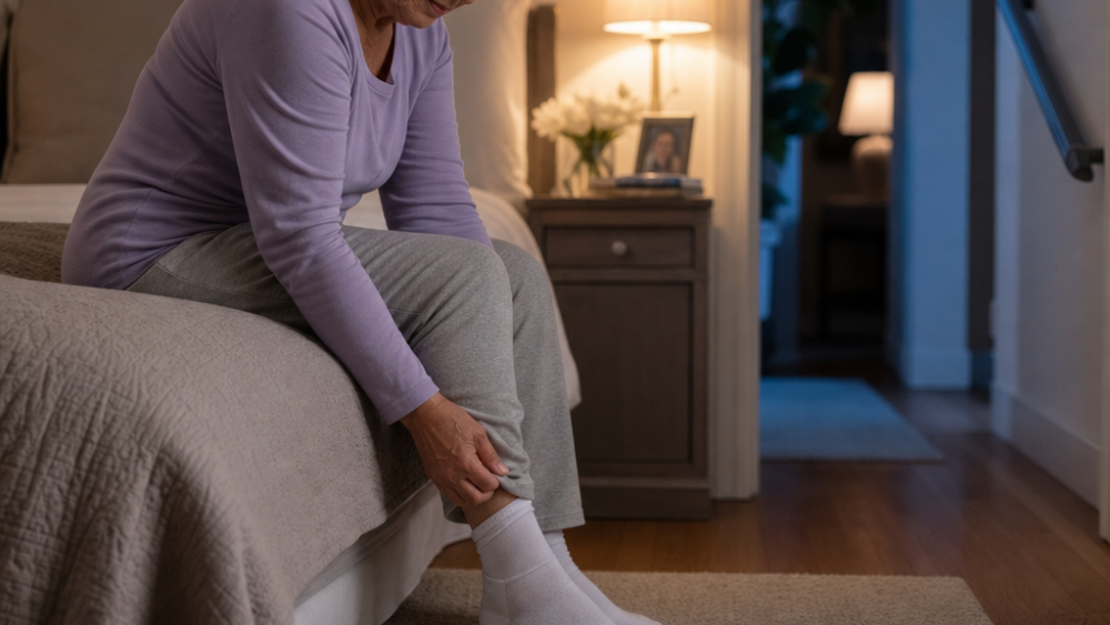Older adult managing nighttime foot tingling beside bed